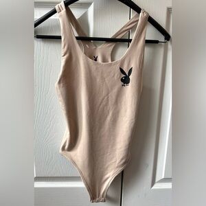PLAYBOY Tan and Black Bodysuit with Iconic Logo (S)